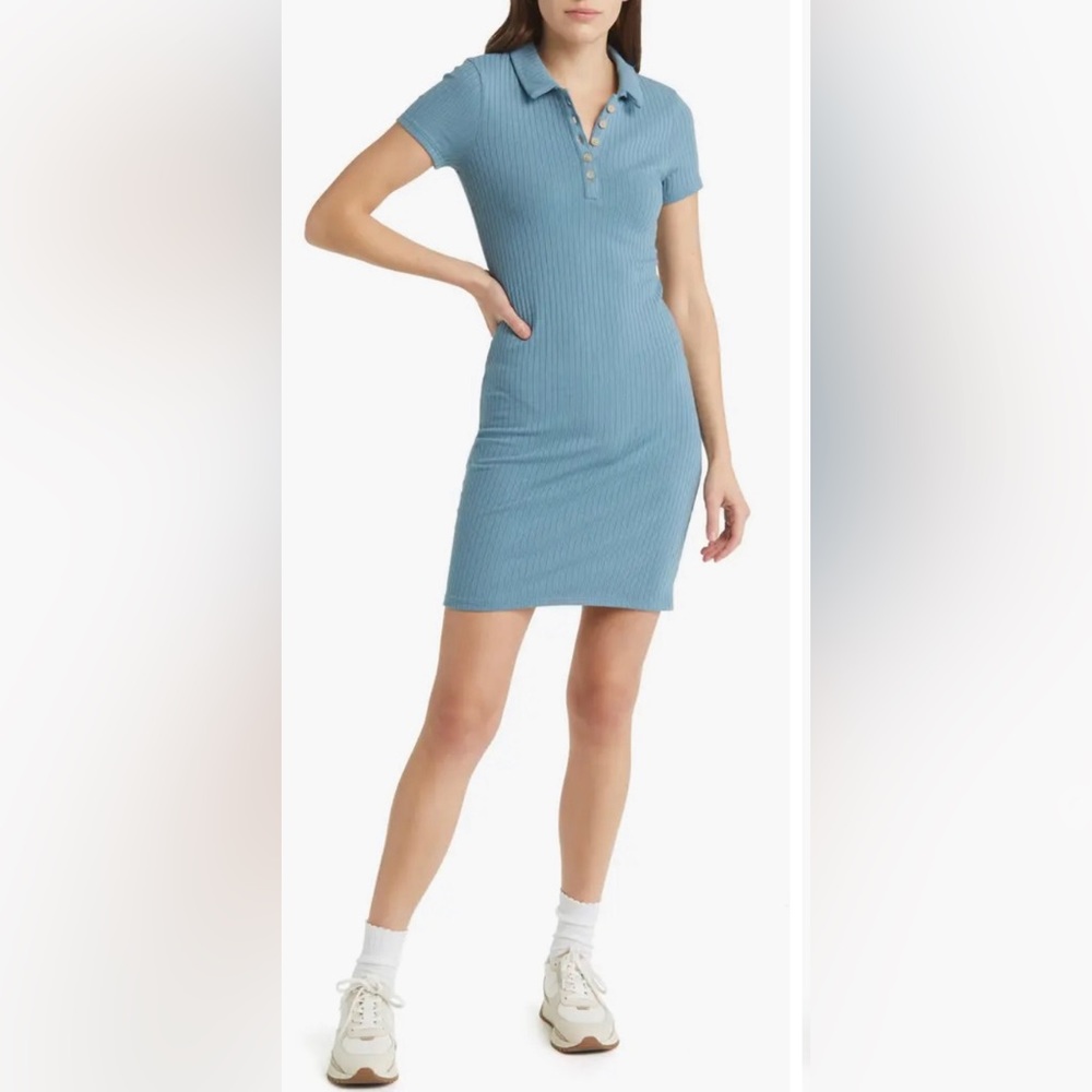 Madewell Rib Minidress - Polo, Ribbed, Blue, Collared, Preppy, Sz Small Y2K